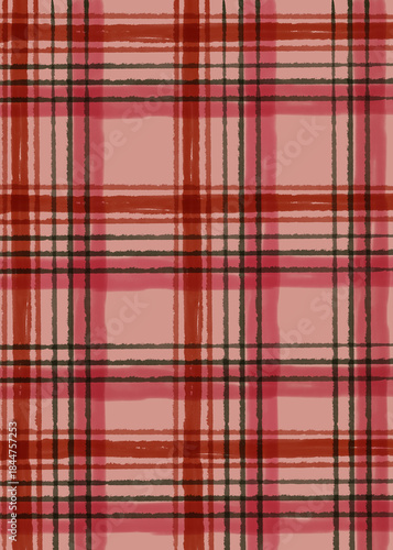 Christmas abstract checkered background with red and pink stripes. Hand drawn illustration for design, print, fabric or background.
