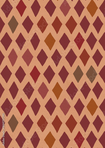 Christmas abstract checkered background with red, beige and magenta stripes. Hand drawn illustration for design, print, fabric or background.
