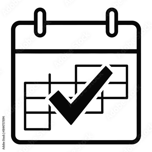 A minimalist black and white icon illustrating a calendar with a checkmark for confirmed tasks or scheduling