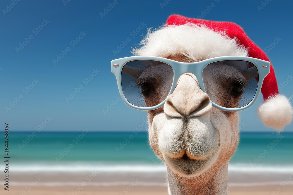 Fototapeta premium A photograph of a camel dressed as Santa Clauss on Christmas party background. 