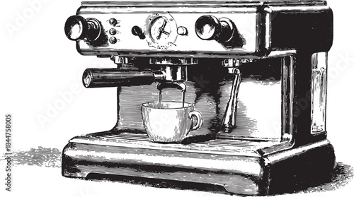 Espresso machine brewing coffee into a cup. Vintage kitchen equipment designed for quality beverage production, vector illustration.