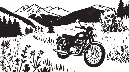 Motorcycle in a scenic landscape with mountains. Black and white vector illustration depicting nature and a trail in a minimalist style.