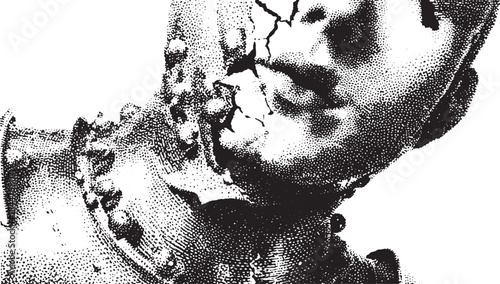 Damaged ceramic bust statue with cracked texture. Realistic vector illustration showcasing intricate details and shadows in a white and black style.