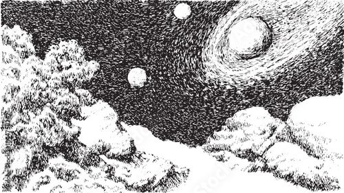 Space illustration featuring swirling stars and planets against a black background. This detailed vector art set highlights the cosmos with clouds.