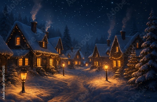 Magical Christmas winter village street scene with houses and snow at night