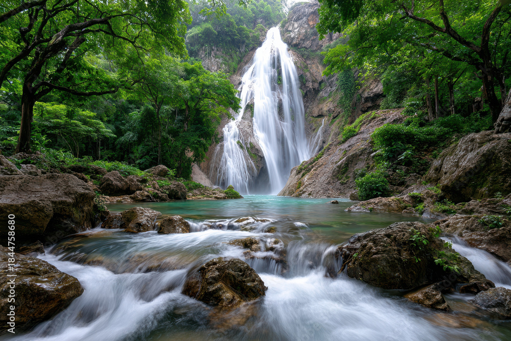 Obraz premium Tranquil Waterfall Cascading into a Pristine Pool
