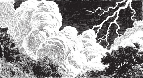 Dramatic storm clouds with lightning in a black and white vector illustration. This artwork features a scenic natural background with detailed textures.