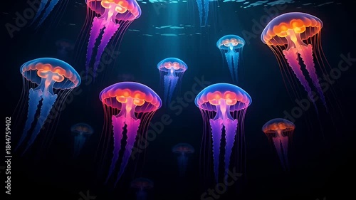 Colorful jellyfish swimming in the dark ocean water with sunlight shining through