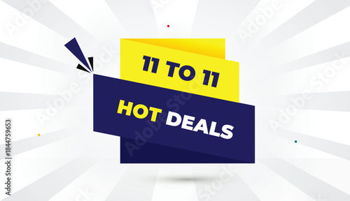 11 to 11 hot deals web banner vector art illustration template design editable eps format deep blue yellow shapes bold font white gray gradient abstract sun shine business background 4k banner vector