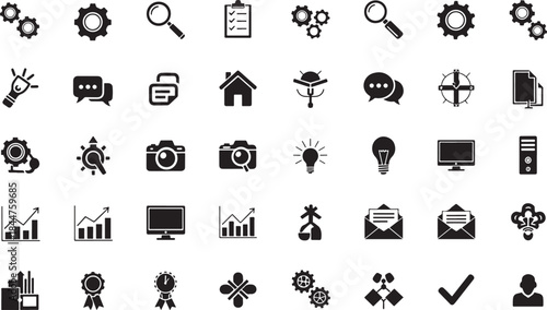 Assortment of Technology and Business Featuring Gears, Computers, and Communication Keywords