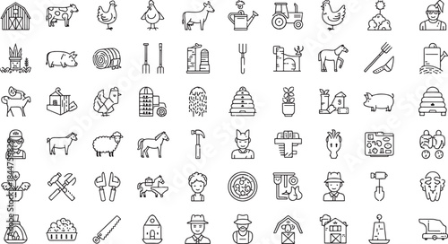 Collection of black and white line representing farm animals, buildings, tools, and people