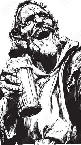 Man holding a beer mug, laughing joyfully in black and white vector illustration. A cheerful character in a simple style.