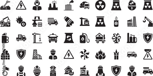 Collection of industrial and energy related black on white background Keywords: industry, energy
