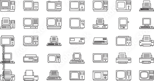Collection of vintage computer and electronic device outline on white background