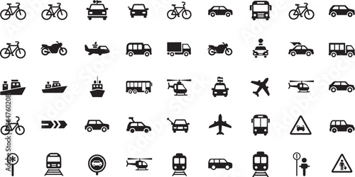 Diverse collection of black silhouette for various modes of transportation Keywords