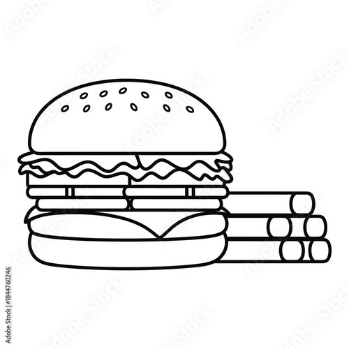 A simple outline drawing of a hamburger and french fries combo