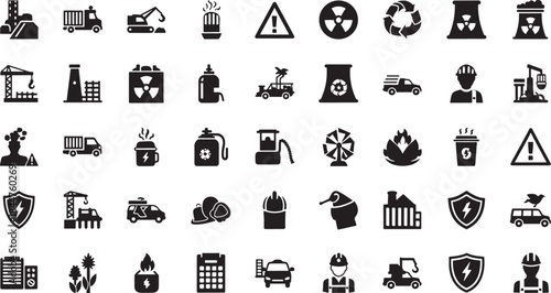 Diverse set of black representing energy production transportation and safety symbols Keywords