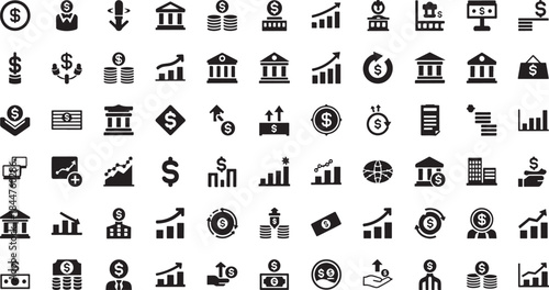 Extensive collection of financial and business with money charts and buildings dollar