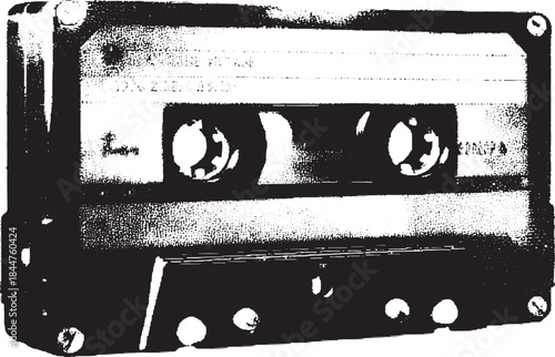 Cassette tape in vintage black and white style. Isolated audio object vector illustration with simple design.