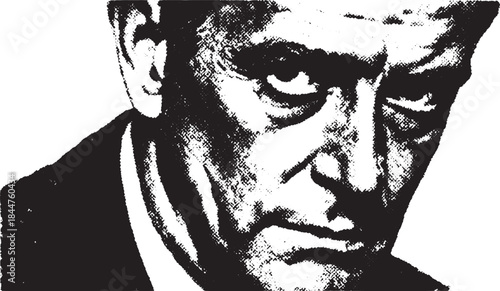 Black and white portrait of a man with a focused expression. This minimal vector illustration emphasizes the facial features and details in a unique style.