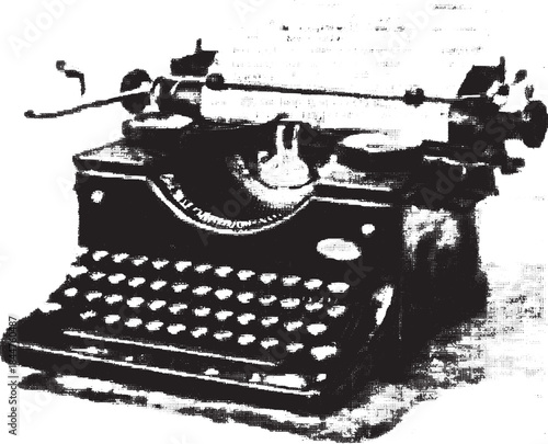 Vintage typewriter on a wooden surface, showcasing classic keys and mechanical design. This black illustration captures writing history in vibrant detail as a vector set.