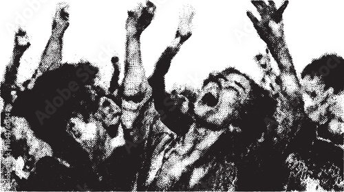 Crowd of people celebrating with raised hands. Vector illustration depicting a joyful festival scene in black and white.