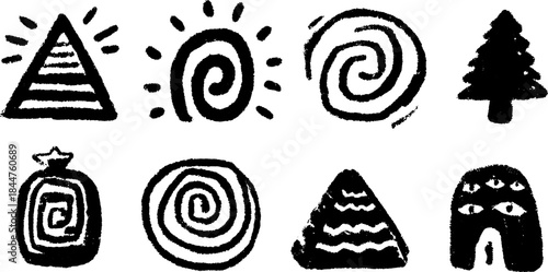 Silhouette drawings featuring various shapes: triangle, swirl, and tree. This set of black outlines creates unique artistic motifs in a vector illustration.