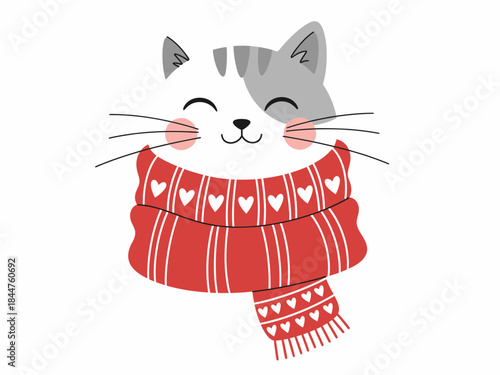 Cat Illustration - Cartoon Felis Catus with Red Scarf on White Background
