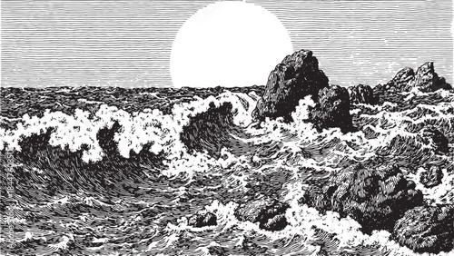 Ocean waves with rocks under a sun silhouette. Black and white textured illustration of a tranquil seascape vector.