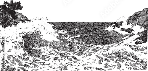 Illustration of ocean waves splashing against the coast in black and white. Detailed texture in a vector set for nature visuals.