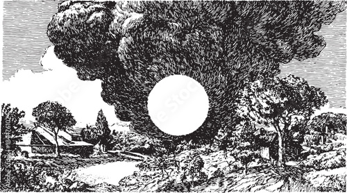 Sky with a large sun partially obscured by clouds. Simple monochrome vector illustration depicting trees in a rural landscape set.