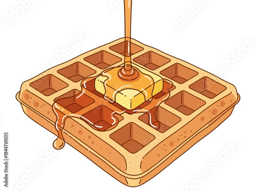Waffle with Butter and Syrup - Vector Breakfast Illustration