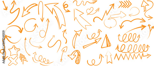 Collection of hand drawn orange arrows and doodle elements scattered across a bright white background for design.
