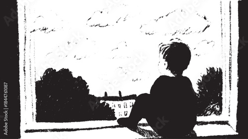 Child silhouette by a window observing the sky. A simple black and white vector illustration capturing reflection and imagination in a tranquil set.