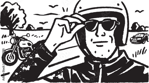 Motorcycle rider wearing a helmet and sunglasses in an outdoor scene, with nature and a car in the background, vector illustration.