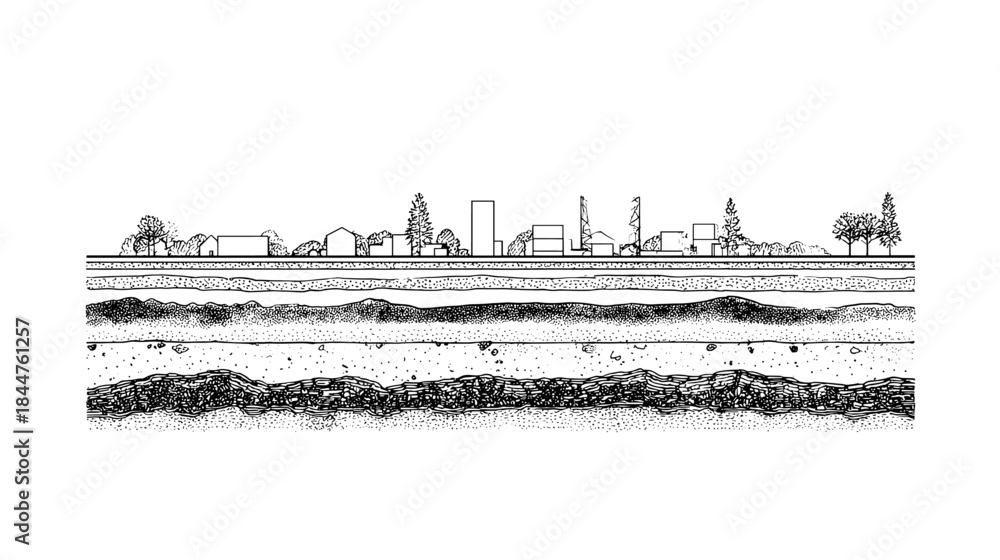 Fototapeta premium Black and white line drawing of a cross section view trough different types of soil layers in the ground for cad architecture