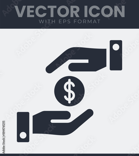 Two hands exchanging a dollar coin, depicting a financial transaction, payment, donation or transfer of funds, showing a clear interaction between two human parties, vector illustration