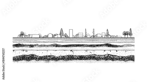Black and white line drawing of a cross section view trough different types of soil layers in the ground for cad architecture	