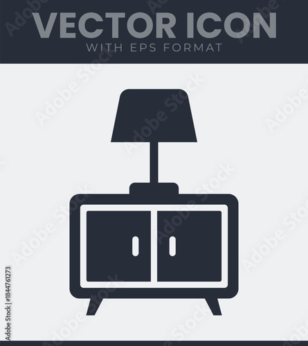 Table lamp placed on top of a small cabinet icon with two doors, representing home interior and household furnishings, vector illustration