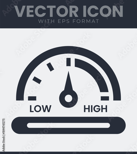 Simple measurement gauge with a central indicator needle showing a midrange value between minimum and maximum points on a semicircular scale, vector illustration