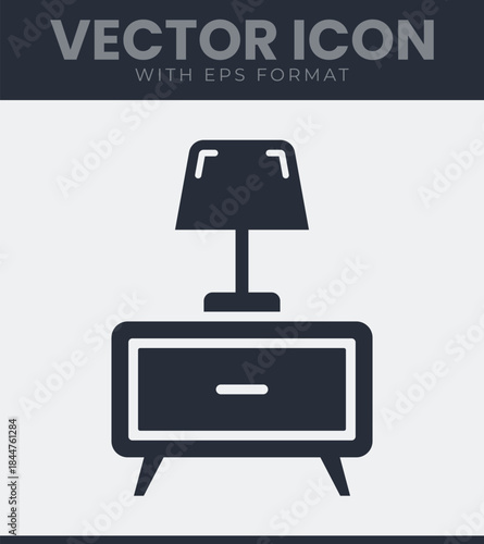 A simple graphic representation of a nightstand with a table lamp sitting icon, featuring a single drawer and four legs, presented as a minimalist object, vector illustration