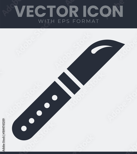 Simple illustration of a cutting implement with curved blade and handle featuring five circular indentations, depicted in a minimalist style, vector illustration