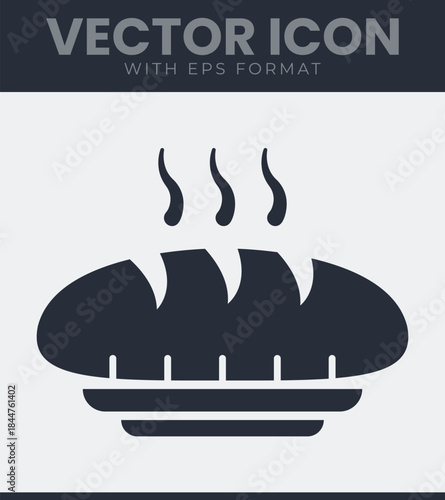 Warm baked bread loaf icon with steam rising from its crust served on a round plate, a delicious meal staple for breakfast lunch or dinner menu item, vector illustration