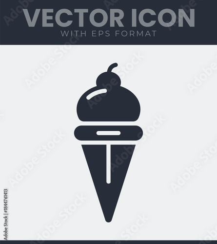 A single serving of frozen dessert in a pointed wafer cone with a small round topping, popular food item often consumed during warm weather, vector illustration