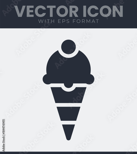 Simple graphic shape depicting a popular frozen dessert icon, typically enjoyed during warm weather, presented in a conical edible container with a rounded top and small sphere, vector illustration