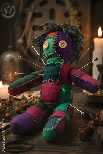 Voodoo doll impaled with pins representing occult magic