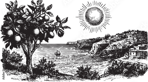 Coastal landscape with citrus trees on cliffs. Vintage vector illustration featuring a scenic view of the sea and sunlight.
