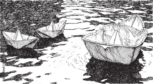 Paper boats floating on water. Simple vector illustration captures a serene set of vessels with ripples around them.