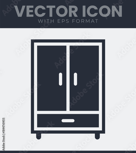 A simple depiction of a piece of furniture, specifically a wardrobe or closet, featuring two upper doors and a single lower drawer, presented in a clean, minimalist style, vector illustration