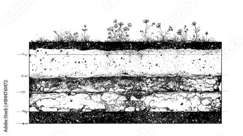 Black and white line drawing of a cross section view trough different types of soil layers in the ground for cad architecture	